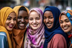 uma fechar Visão do a sorrisos a partir de uma grupo do pessoas, cada a partir de uma diferente fundo, Incluindo africano americano, caucasiano, e indivíduos com colorida cabelo e hijab. generativo ai foto