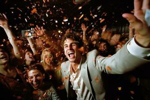 a enérgico multidão tiro às uma aniversário festa, com confete vôo através a ar. generativo ai foto
