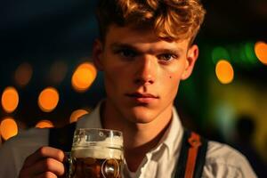 uma fechar - acima foto do uma jovem homem vestindo tradicional lederhosen e segurando uma Cerveja stein. generativo ai