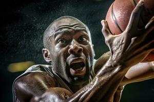 a trabalho em equipe e coordenação do uma masculino basquetebol jogador Como ele vai para uma enterrado durante uma jogo. generativo ai foto