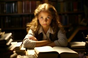 de Meio Ambiente retrato do uma caucasiano menina aluna sentado às uma escrivaninha dentro uma sala de aula, cercado de livros e escola suprimentos. generativo ai foto