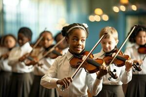 a gracioso beleza do uma violino aula, Onde alunos apaixonadamente prática seus habilidades. generativo ai foto
