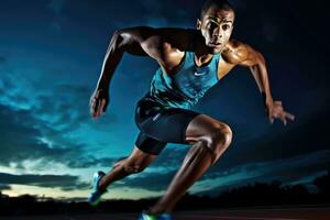 a agilidade e Rapidez do uma masculino atleta Como ele envolve dentro uma correndo sessão em a acompanhar. generativo ai foto
