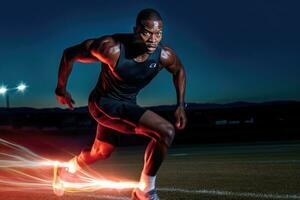 a agilidade e Rapidez do uma masculino atleta Como ele envolve dentro uma correndo sessão em a acompanhar. generativo ai foto