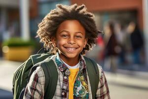 retrato do uma africano americano aluna Garoto pronto para a primeiro dia do escola vestindo uma mochila e posando com uma grande sorriso. generativo ai foto