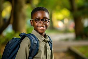retrato do uma africano americano aluna Garoto pronto para a primeiro dia do escola vestindo uma mochila e posando com uma grande sorriso. generativo ai foto