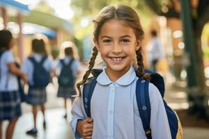 retrato do uma caucasiano aluna menina pronto para a primeiro dia do escola vestindo uma mochila e posando com uma grande sorriso. generativo ai foto