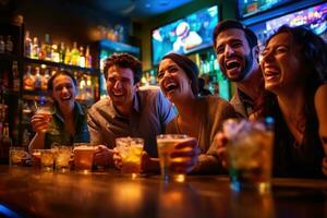 uma grupo do amigos brindar e a comemorar com seus cervejas dentro uma vibrante, bem - aceso bar. generativo ai foto