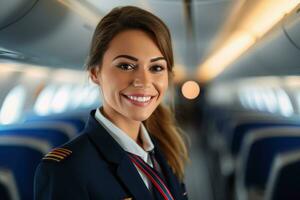 uma fechar - acima tiro do uma fêmea voar atendente, em pé dentro a corredor do a avião cabine, calorosamente acolhedor passageiros com uma sorriso. generativo ai foto