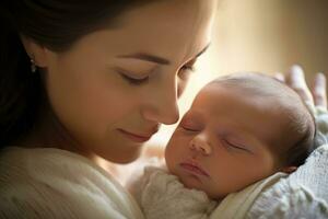 uma fechar - acima tiro do uma contente mãe suavemente embalando dela recém-nascido bebê. generativo ai foto