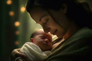 uma fechar - acima tiro do uma contente mãe suavemente embalando dela recém-nascido bebê. generativo ai foto