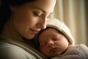 uma fechar - acima tiro do uma contente mãe suavemente embalando dela recém-nascido bebê. generativo ai foto