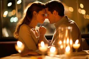 uma fechar - acima tiro do uma feliz casal desfrutando uma romântico jantar dentro uma luz de velas restaurante. generativo ai foto