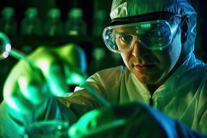 uma fechar - acima tiro do uma cientista dentro uma laboratório, vestindo protetora óculos e examinando uma teste tubo. generativo ai foto