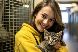 uma fechar - acima tiro do uma mulher com uma □ Gentil sorriso, embalando uma recentemente adotado gato dentro dela braços às a animal abrigo. generativo ai foto