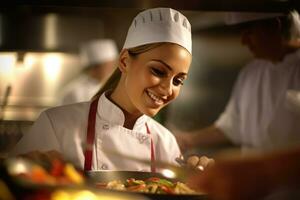 uma fechar - acima tiro do uma jovem mulher vestindo uma chef chapéu e avental enquanto preparando uma delicioso refeição dentro uma bem - equipado cozinha. generativo ai foto