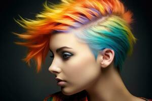 uma fechar - acima tiro do uma jovem mulher com uma vibrante e colorida Penteado, exibindo individualidade e criatividade. generativo ai foto