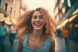 uma fechar - acima tiro do a animado jovem mulher explorando uma movimentado cidade rua. generativo ai foto