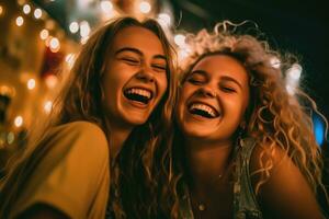 uma fechar - acima tiro do dois Adolescência meninas alegremente dançando dentro frente do uma tripé - montado telefone Câmera. generativo ai foto