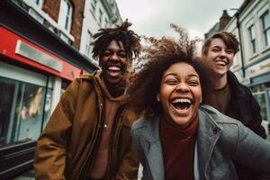 uma grupo do diverso amigos rindo e tendo Diversão dentro uma vibrante urbano contexto. generativo ai foto