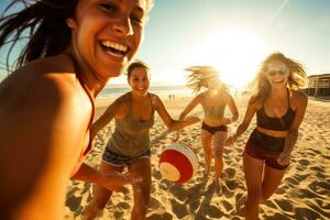 uma grupo do amigos jogando uma amigáveis jogos do de praia voleibol. generativo ai foto