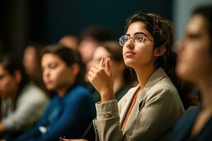 uma jovem fêmea conferencista e dela alunos dentro uma fechar - acima tiro durante uma seminário ou oficina. generativo ai foto