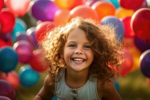 a alegria e excitação do uma criança menina jogando dentro uma campo do colorida balões dentro uma fechar - acima tomada. generativo ai foto