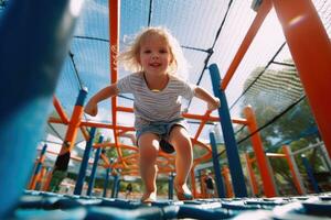 a alegria e excitação do crianças jogando às uma colorida Parque infantil com uma baixo - ângulo tomada. generativo ai foto