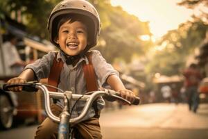 uma criança Garoto equitação uma bicicleta para a primeiro tempo. generativo ai foto