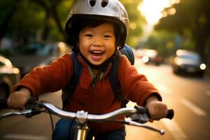 uma criança Garoto equitação uma bicicleta para a primeiro tempo. generativo ai foto