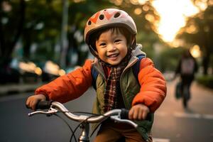 uma criança Garoto equitação uma bicicleta para a primeiro tempo. generativo ai foto