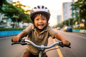 uma criança Garoto equitação uma bicicleta para a primeiro tempo. generativo ai foto