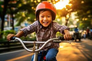 uma criança Garoto equitação uma bicicleta para a primeiro tempo. generativo ai foto