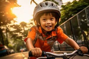 uma criança Garoto equitação uma bicicleta para a primeiro tempo. generativo ai foto