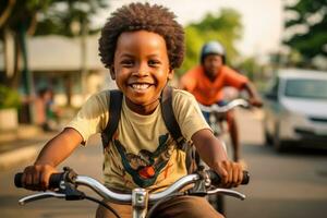 uma criança Garoto equitação uma bicicleta para a primeiro tempo. generativo ai foto