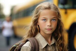 uma jovem menina Como ela poses fechar - acima com dela escola mochila esperando dentro frente do uma amarelo escola ônibus. generativo ai foto