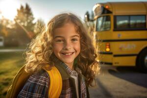 uma jovem menina Como ela poses fechar - acima com dela escola mochila esperando dentro frente do uma amarelo escola ônibus. generativo ai foto