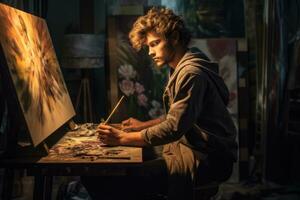uma jovem homem artista apaixonadamente pintura em uma tela. generativo ai foto