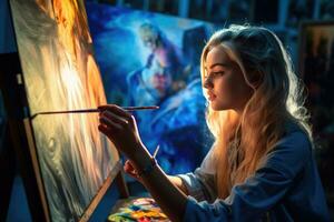 uma jovem mulher artista apaixonadamente pintura em uma tela. generativo ai foto