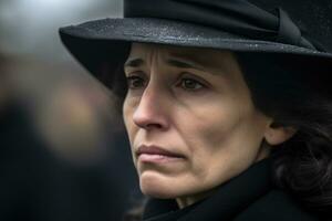 uma fechar-se tiro do uma triste mulher às a túmulo durante uma funeral. generativo ai foto