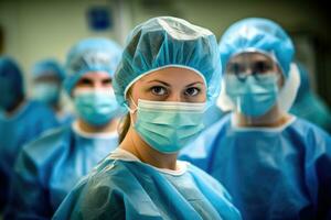 mascarado rostos refletindo a perícia do uma fêmea médico e dela equipe depois de uma cansativo cirurgia. generativo ai foto