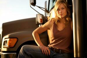 uma jovem fêmea caminhão motorista Como ela poses dentro frente do dela caminhão com uma caloroso sorriso. generativo ai foto