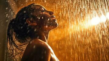 mulher levando uma banho debaixo a chuveiro foto
