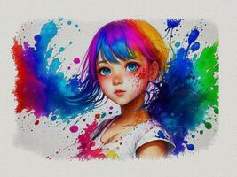 aguarela fofa menina com colori arte ilustração em branco papel textura fundo foto