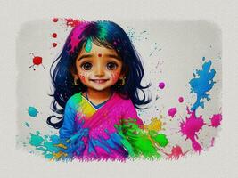 aguarela colorida fofa menina face ilustração em branco papel textura fundo foto