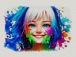 aguarela fofa menina com colori arte ilustração em branco papel textura fundo foto