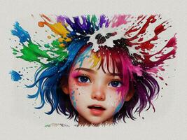uma menina com colorida cabelo e pintura respingos foto