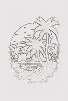 desenhado à mão esboço esboço do pôr do sol, montanha, e Palma árvore ilustração para camiseta Projeto foto