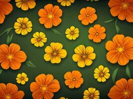 desatado padronizar com amarelo e laranja gradiente cor flores em uma Preto fundo foto