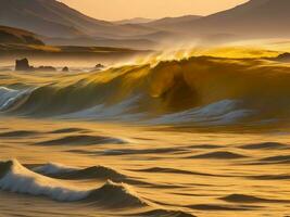 água ondas dentro a mar com dourado cor foto